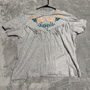 Monki Shirt Womens Medium Gray Fringe Floral Embroidered T-Shirt Top Boho